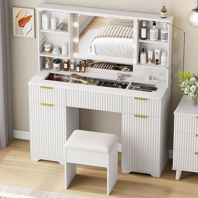 ONME Fluted Makeup Vanity Desk with Mirror and Lights, for Women and Girls, Vanity Table with Drawers, Glass Top, Power Outlet & Adjustable Shelves, Modern Dressing Table for Bedroom
