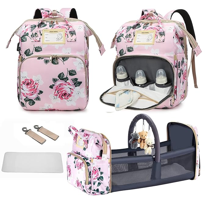 Diaper Bag Backpack with Changing Station, Foldable for Bady Toddler, 3 in 1 Large Capacity Newborn Essentials Organizer with Stroller Hook for Girls and Boys（Pink）