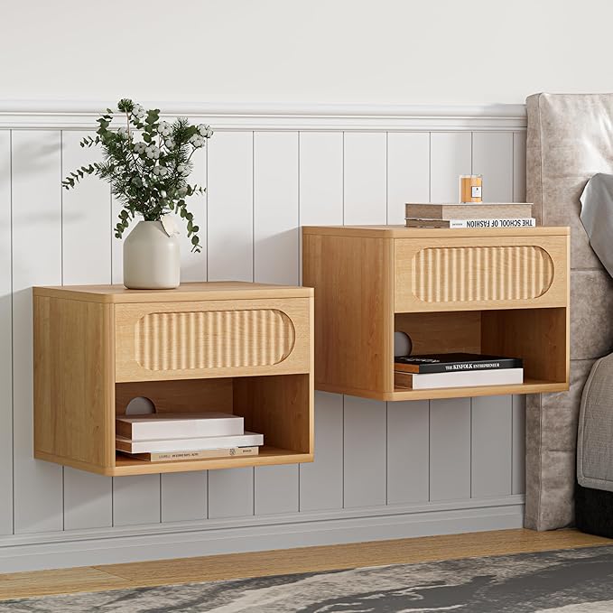 Floating Nightstands with Drawer Set of 2, Modern Wall Mounted Bedside Tables for Bedroom, Space Saving Storage Cabinets, Easy Install Hanging Shelf Night Stands for Small Spaces (Natural)