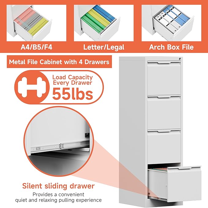 4 Drawer File Cabinet with Lock,17.8" Deep Metal Filing Cabinet,Vertical File Cabinets for Home Office,Locking File Drawer Tall for Hanging Letter/A4/Legal Folders, Easy Assemble-White