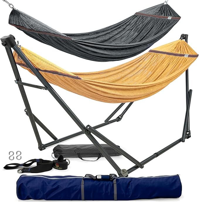 Tranquillo Universal Hammock with Stands Electro Static Coated Steel, Adjustable Foldable Hammock Stand with 2 Layered Polyester Net and Carry Bag for 2 Persons (Combo - Yellow)