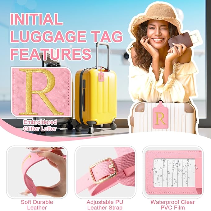 Personalized Initial Luggage Tags for Suitcase, Pink Leather Cute Luggage Tags with Privacy Cover Name Card, Embroidered Custom Monogrammed Luggage Tag Travel Bag Baggage Tags Gifts for Women Kids(R)