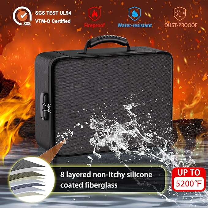 ENGPOW Fireproof Document Box with Lock, 5200℉ Soft Case Fireproof Box with 25 Colorful Pocket Accordion File Folder, Fireproof Water Resistant Safe File Organizer Storage for Important Documents