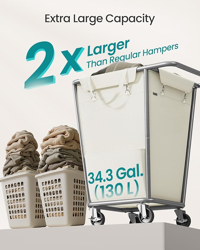 SONGMICS Laundry Basket with Wheels, 34.3 Gallons (130 L) Rolling Laundry Hamper with Removable Bag, Heavy-Duty Steel Frame, Cream White URLS008W01