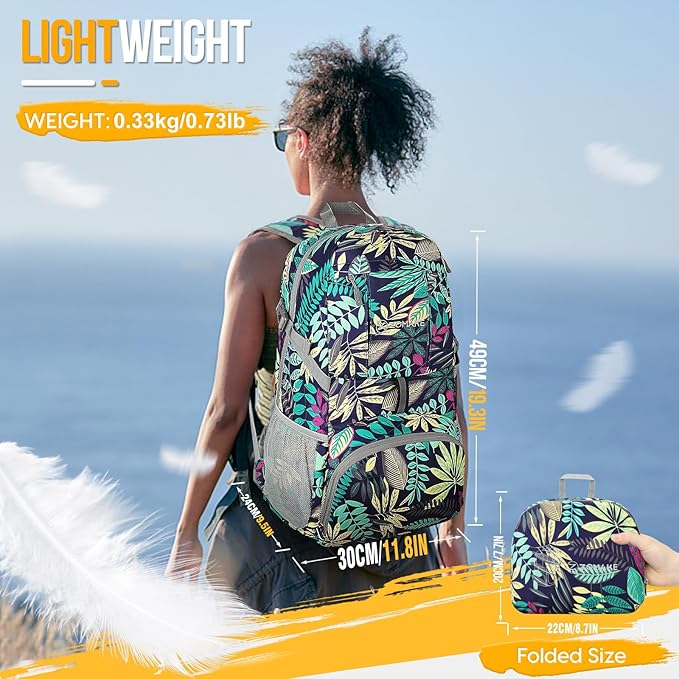ZOMAKE Lightweight Packable Backpack 35L, Light Foldable Backpacks Water Resistant Collapsible Hiking Bag, Compact Folding Day Pack for Travel Camping(Mixed Color-Leaves)