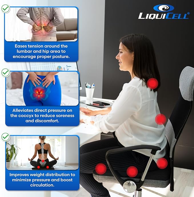 LiquiCell Coccyx Seat Cushion, Aid for Tailbone Pain Relief, Sciatica Pain, Back Support | Donut Like Butt Pillow for Long Hours Sitting at Home/Office Chair (17.5" W x 15.5" L x 2" H)