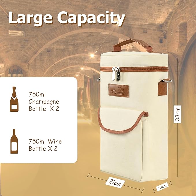 Tirrinia 2 Bottle Wine Gift Tote Carrier - Leakproof & Insulated with large pockets Wine Cooler Bag for Travel, Wine Tasting, Party, Dinner, Great Gift for Wine Lover