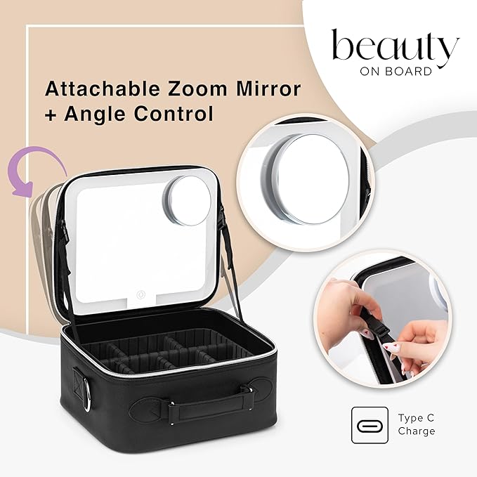 Makeup Bag with LED Mirror, PU Leather Makeup Case - 3 Adjustable Brightness Levels, Lighted Cosmetic Case with Mirror, Dividers - Make Up Portable Storage Travel Organizer with Handle