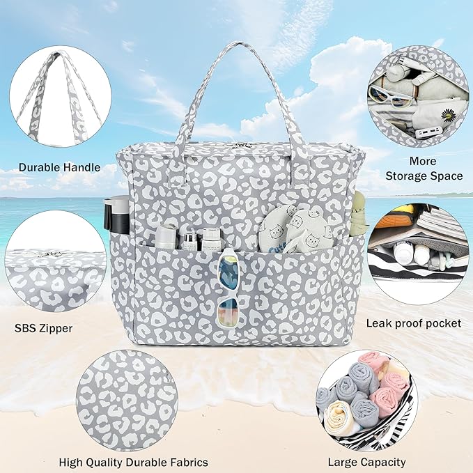 LEDAOU Large Beach Tote Bag Women Waterproof Sandproof Zipper Beach Tote Bag for Pool Gym Grocery Travel with Wet Pocket