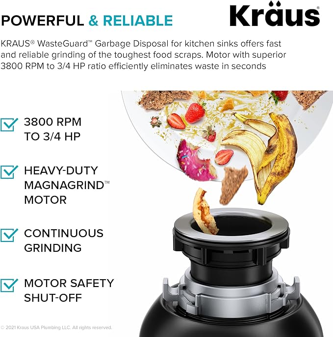 KRAUS Standart PRO™ 23-inch 16 Gauge Undermount Single Bowl Stainless Steel Kitchen Sink with WasteGuard™ Continuous Feed Garbage Disposal, KHU101-23-100-75MB