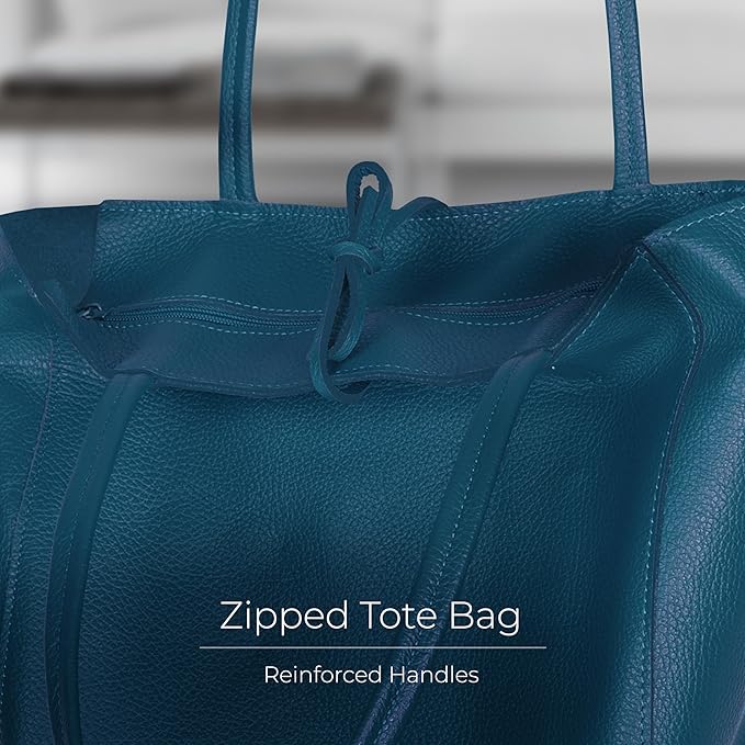 Italian Calf Leather Tote for Women with Zipper, Inner Pocket & Flat Base | Soft Unlined Shopper for Work & Travel