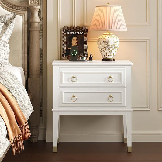 Huuger 27.6 Inch Tall Nightstand with Charging Station, USB-C Port, 2 Drawers Bedside Table, Larger Night Stand with 11.4 Inch Raised Legs, Painted Side Table End Table, for Bedroom, White