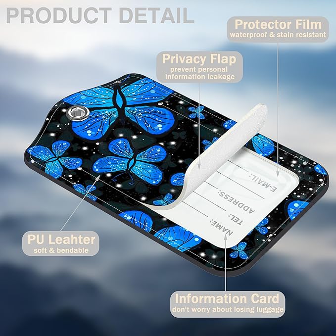 2 Pack Luggage Tags for Suitcases Blue Butterfly Leather Luggage Tags Privacy Cover ID Label with Stainless Steel Loop and Address Card for Women Men Travel Bag Backpack
