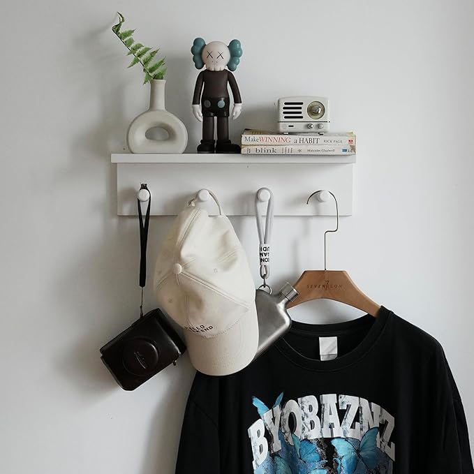 Entrance Coat Rack ，Coat Hooks, Wall-Mounted Wooden Hook Rack, Wall-Mounted Shelves are Very Suitable (White Finish-1)