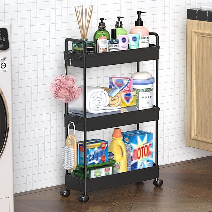 SOLEJAZZ Slim Rolling Storage Cart with Wheels 3 Tier Skinny Bathroom Storage Organizer Thin Laundry Room Utility Cart Space-Saving for Bedside Kitchen Office Small Narrow Places, Black