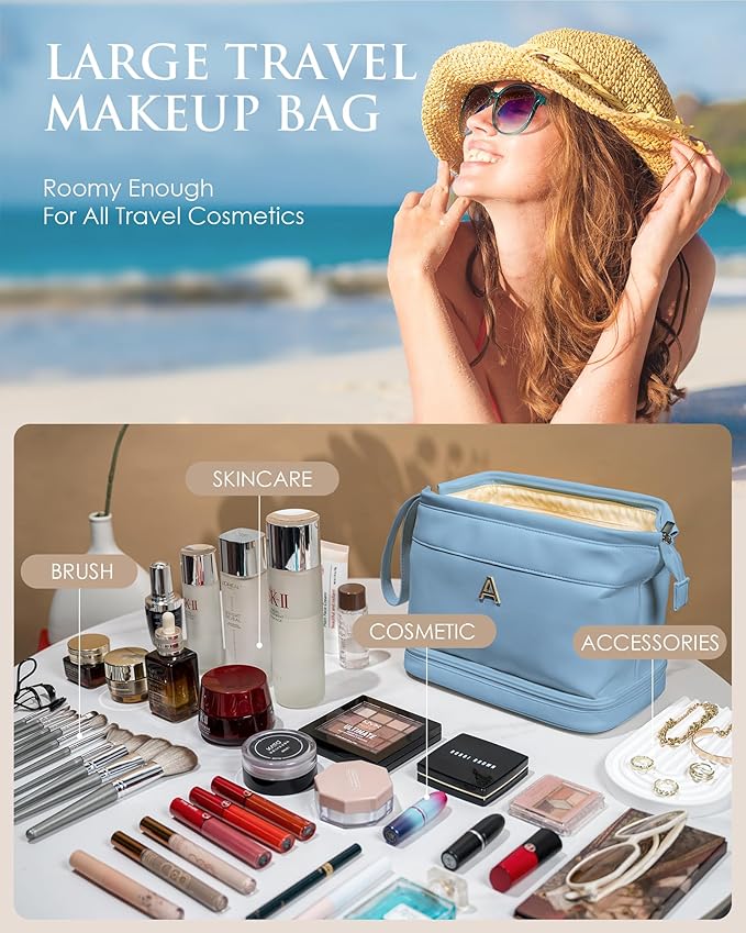 Initial Large Makeup Bag, Gift for Women Personalized Double Layer Cosmetic Bag with Makeup Brush Organizer, Teacher Gift, Large Capacity PU Leather Travel Toiletry Bag Graduation Gift