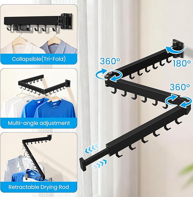 Clothes Drying Rack Wall Mounted, Retractable Collapsible(Tri-Fold) Space Saver, Black with 18 Hooks for Laundry Room Organization Apartment Balcony Bathroom