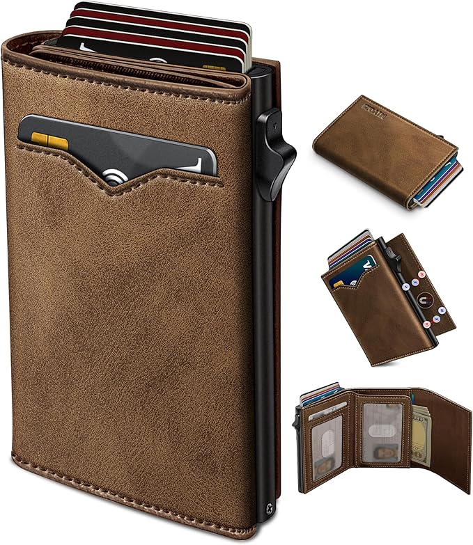 Wallet for Men,with Cash Pocket 2 ID Window 9-13 Cards,Metal Case Smart Slim Pop Up Credit Card Holder Flip with Magnetic Closure RFID Blocking Trifold wallet with Gift Box