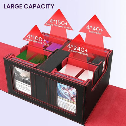 Card Storage Box for MTG with Commander Display for Trading Cards 400+, Card Deck Box with Handle, Removable Deck Case for TCG/Sports Cards, 4 Dividers, 1 Dice Tray, 4 Card Holders, Black Red