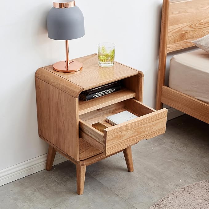 Rainbow Home Bergan Nightstand with 2 Drawers & Open Shelf, 100% Solid Oak Wood, Mid Century Modern Bedside Table for Small Spaces, Practical Storage for Bedroom