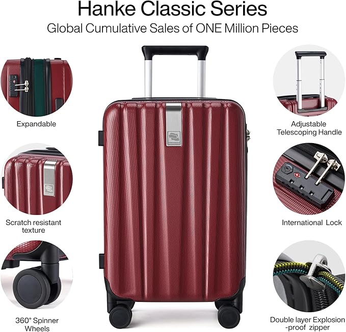 Hanke 24 Inch Expandable Checked Luggage Lightweight PC Hard Case Luggage Suitcases with Wheels TSA Luggage Rolling Large Suitcase Travel Luggage Bag for Go to University(Burgundy)