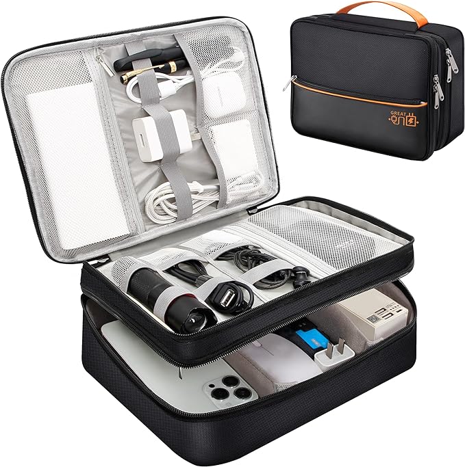 SELLYFELLY Electronics Travel Organizer, Double Layer Cable Organizer Bag Watreproof Electronics Accessories Storage Bag for Cord, Charger, Phone, Power Bank, Hard Drive
