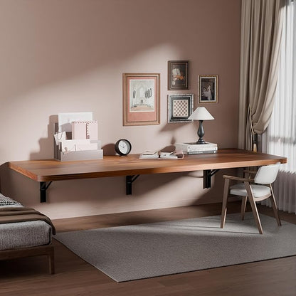 IAE Floating Wall Mounted Folding Table Desk with Pine Wood,60" x 22" Foldable Workbench,Fold Down Wall Mounted Foldable Desk with Shelf Brackets,Laundry Folding Table for Home,Dining,Kitchen,Teak