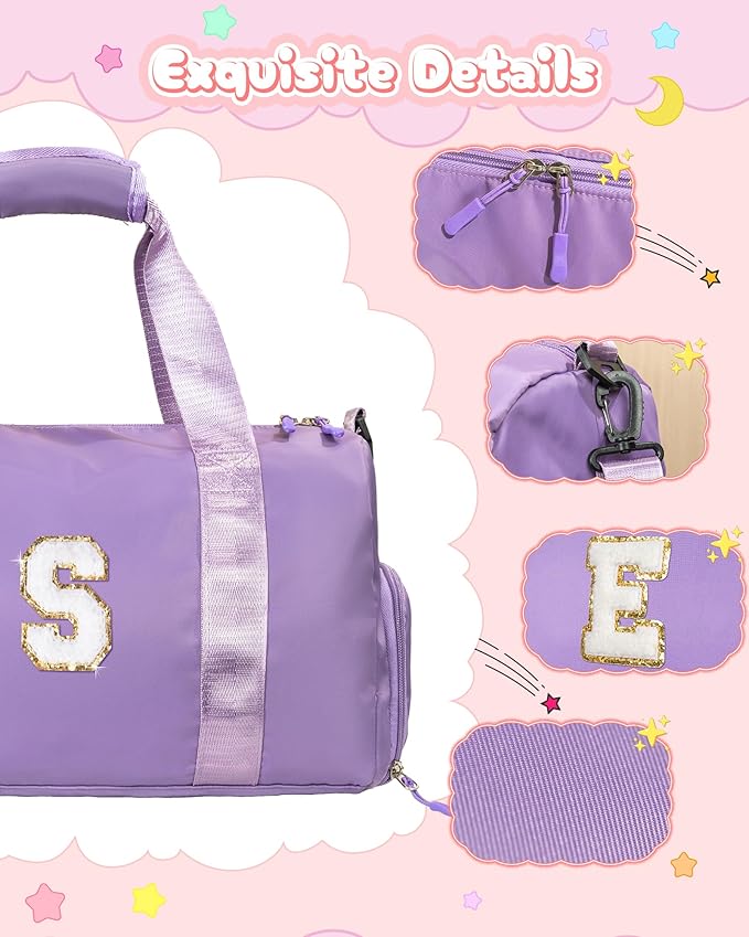 Tween Girls Gifts Trendy Stuff-Girl Gym Bag with Shoe Compartment, Kid Personalized Weekender Overnight Bags, Initial Travel Tote with Makeup Pouch, Preppy Things for Kids (Letter E)