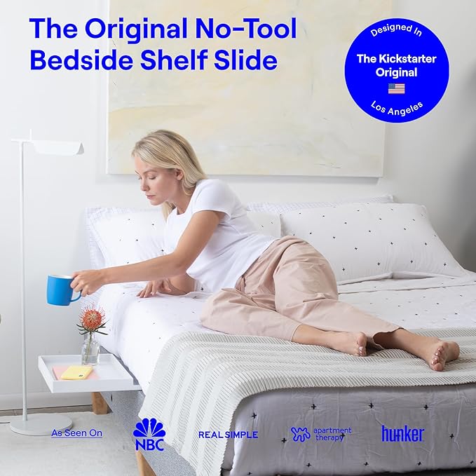 BedShelfie Bedside Shelf for Dorm Room Bunk Bed & Top Bunk, College Dorm Room Essentials, Bedside Caddy, Clip on Floating Desk Tray, Bed Side Table Storage, Loft Nightstand Decor - Black Wood Slide