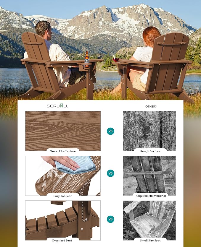 SERWALL Adirondack Chair with Cup Holders - Composite Adirondack Chairs Set of 6 HDPE Outdoor Chairs All Weather Use- Brown