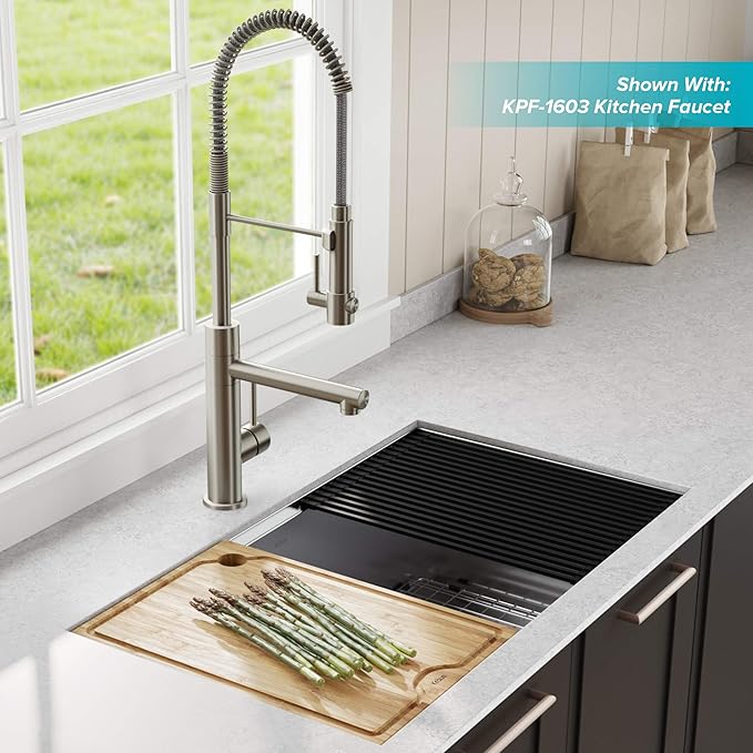KRAUS Kore™ Workstation 33-inch Undermount 16 Gauge Double Bowl Stainless Steel Kitchen Sink with Accessories (Pack of 8) with WasteGuard™ Continuous Feed Garbage Disposal, KWU112-33-100-75MB