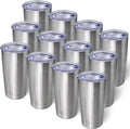 20oz Tumbler Bulk Stainless Steel Tumblers with Lid Vacuum Insulated Double Wall Travel Coffee Mug Powder Coated Tumbler Cup for Hot and Cold Drinks(Stainless Steel, 12 pack)