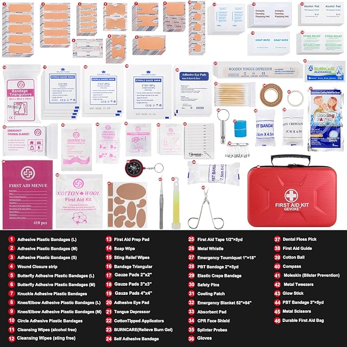 410 Piece Waterproof Hard Shell First Aid Kit for Home, Car, Travel, Camping, Truck, Hiking, Sports, Office, Vehicle & Outdoor Emergencies - Emergency Medical Kits (Red)