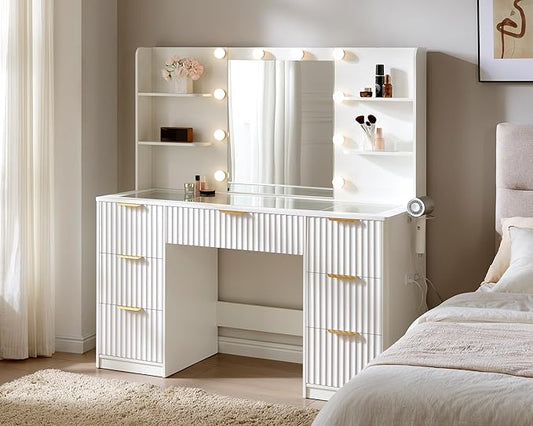 AMERLIFE 47.2" Fluted Vanity Desk with Mirror and Adjustable LED Lights, Large 7 Drawers Makeup Table with Glass Top and Charging Station for Women and Girls, Bedroom or Dorm, White