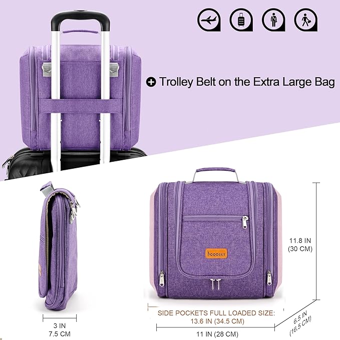 Travel Hanging Toiletry Bag for Women and Men, 6 Organizer Compartments, Holds Full Size Bottles, Extra Large Cosmetic Accessories, Makeup essentials, Bathroom Water-resistant Toiletries Bag, Purple