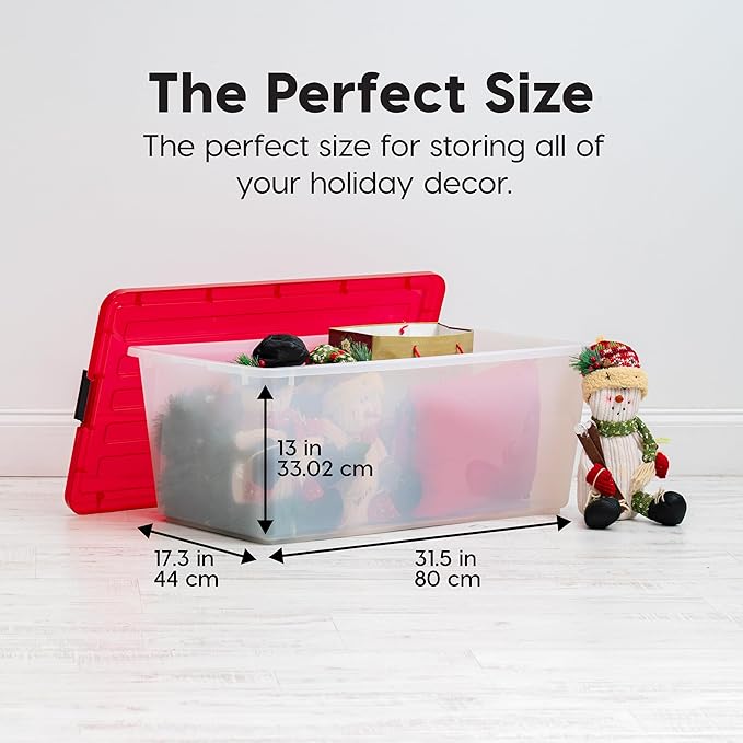 IRIS USA 91 Qt. Stackable Plastic Storage Bins with Lids, 4 Pack - BPA-Free, See-Through Organizing Solution, Latches, Durable Nestable Containers, Secure Pull Handle, Made in USA - Red