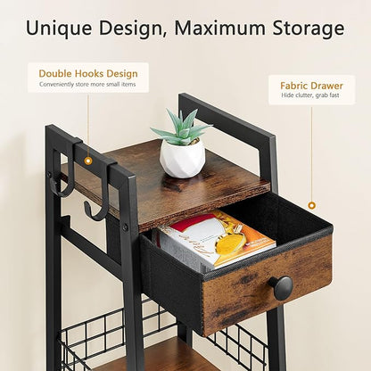 3-Tier Narrow Ladder Shelf with Drawer, Bathroom Floor Storage Shelf, Freestanding Tower Shelf Ladder Bookshelf Brown