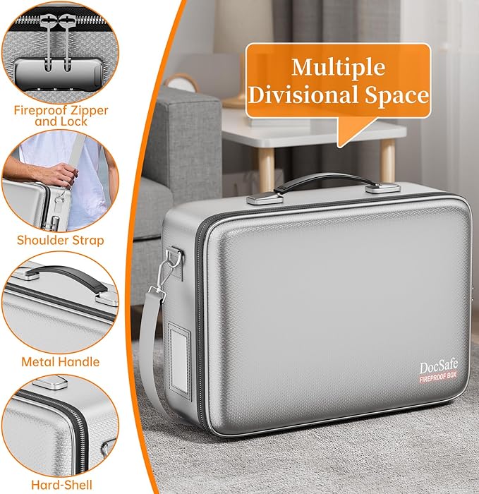 DocSafe Fireproof Document Box with Lock＆Shoulder Strap,Hard Case File Organizer with Accordion File Folder,Multi-Layer Portable Home Office Travel Safe Storage for Important Documents Laptop Silver