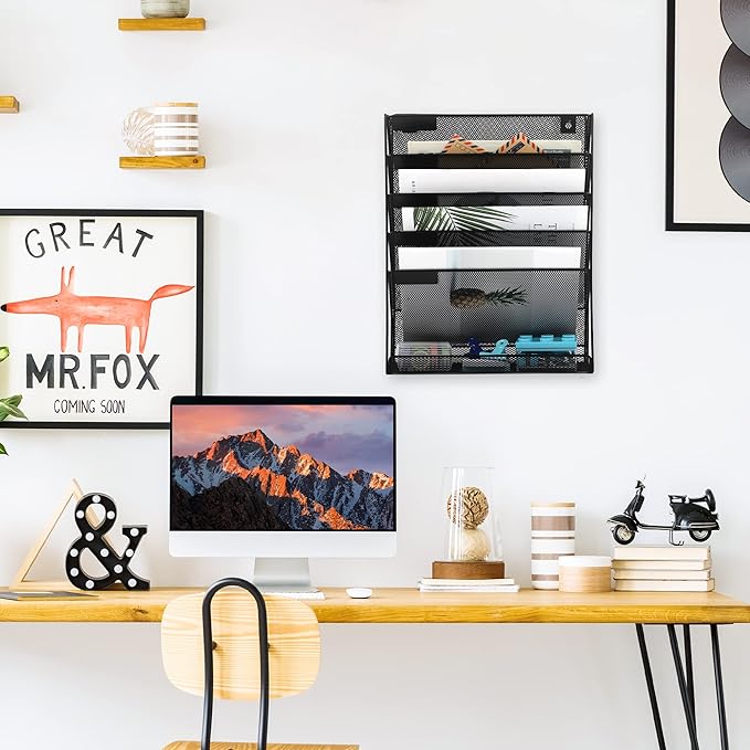 EASEPRES Desk File Organizer Mesh 6-Tier, Hanging Wall Mount Document Organization Stand, Desktop Vertical Mail Paper Folder Holder Rack with Bottom Tray for Office Home Cubicle Countertop, Black