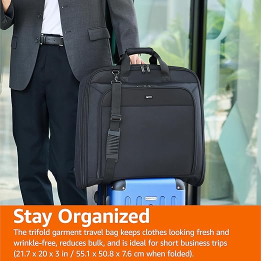 Amazon Basics 43" Premium Garment Bag for Travel, Suit Bag with Shoulder Strap for Suits and Dresses, 1680D Polyester Fabric, Exterior/Interior Pockets, Leather-reinforced Corners, Trifold, Black