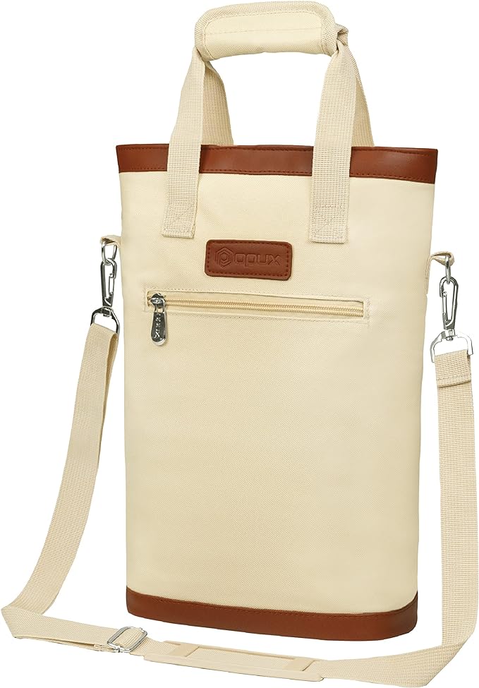 opux Two Bottle Wine Bag Carrier Tote, Insulated Leakproof 2 Bottle Wine Cooler Bag for Travel BYOB Picnic, Portable Wine Case, Gift for Men Women Wine Lover Birthday Party Christmas, Cream Beige