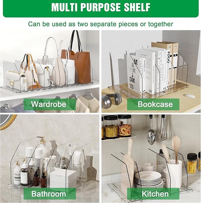 Bag & Purse Organizer for Closet, 2 Sets Adjustable Clear Handbag Storage Shelf, Plastic Clutch Dividers for Closet Organizers and Storage-Keep Purses upright (2 Sets)