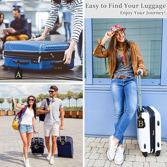 Personalized Initial Luggage Tags for Suitcase TSA Approved, Black Leather Cute Luggage Tag with Privacy Cover Name Card, Embroidered Custom Luggage Tags Travel Backpack Tags Gifts for Women Kids(V)