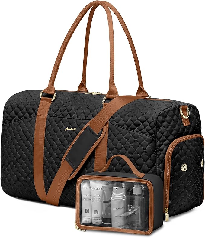 Women Duffle Weekender Travel Bag: Large Duffel Bags with Shoe Compartment Carry On Overnight Tote with Wet Pocket Traveling Weekend Gym Yoga Hospital Bag for Womens Black Brown