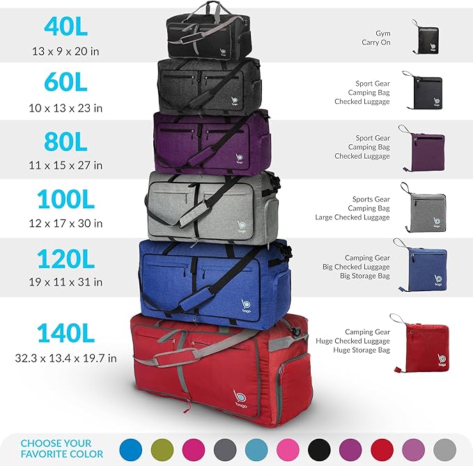 Bago Large Foldable Duffel Bags for Traveling Women & Men - 120L Packable Duffle Bag for Travel with Shoe Compartment - Water Repellant, Heavy Duty, Lightweight Folding & Collapsible (Purple)