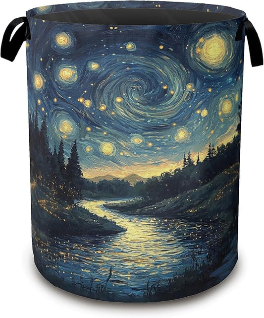 Night Sky Laundry Hamper,Collapsible Laundry Baskets,Stream Fireflies Dirty Clothes Baskets with Handles,Oxford Cloth Hamper for Bedroom,Bathroom,College Dorms, 16"x20"