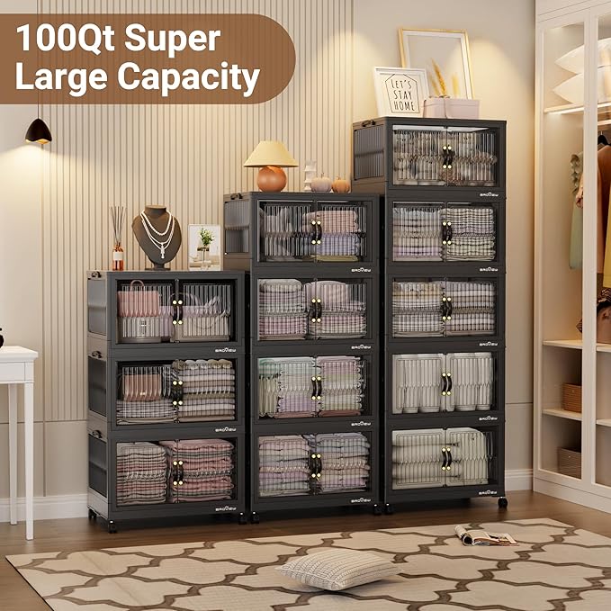 BROVIEW 400Qt Stackable Storage Bins with Lid, Extra Large Closet Organizer Collapsible Drawer Boxes with Wheels, Folding Plastic Cabinet Containers for Home Kitchen Room Organization, 4Pack Black