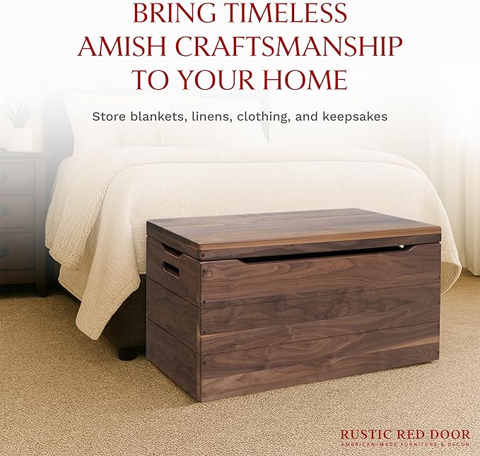 Amish Made Wooden Storage Chest Trunk Box with Lid and Handles for Bedroolanket, Clothes, Anti-Slam Hinges, Handmade, Rustic, Walnut Wood, Natural Stain, 30"