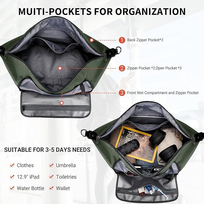 WITZMAN Travel Duffle Bags for Men Weekender Bags with Toiletry Bag Sets Carry On Overnight Bag 55L （B696 Army Green）