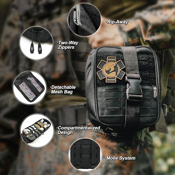 RHINO RESCUE IFAK Trauma Kit with C-A-T Tourniquet, Tactical First Aid Kit Molle Pouch for Military, Combat, Car, Camping, Hiking, Travel (Black)